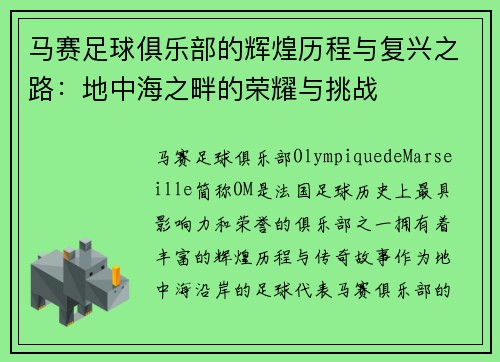 马赛足球俱乐部的辉煌历程与复兴之路：地中海之畔的荣耀与挑战