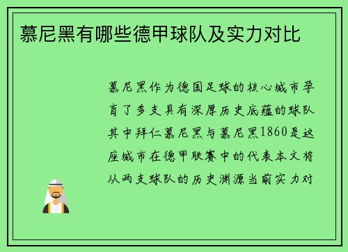 慕尼黑有哪些德甲球队及实力对比